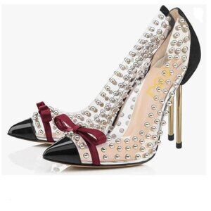 FSJ Clear Studded Pointed-Toe Heels with Black Cap Toe and Burgundy Bow. New
